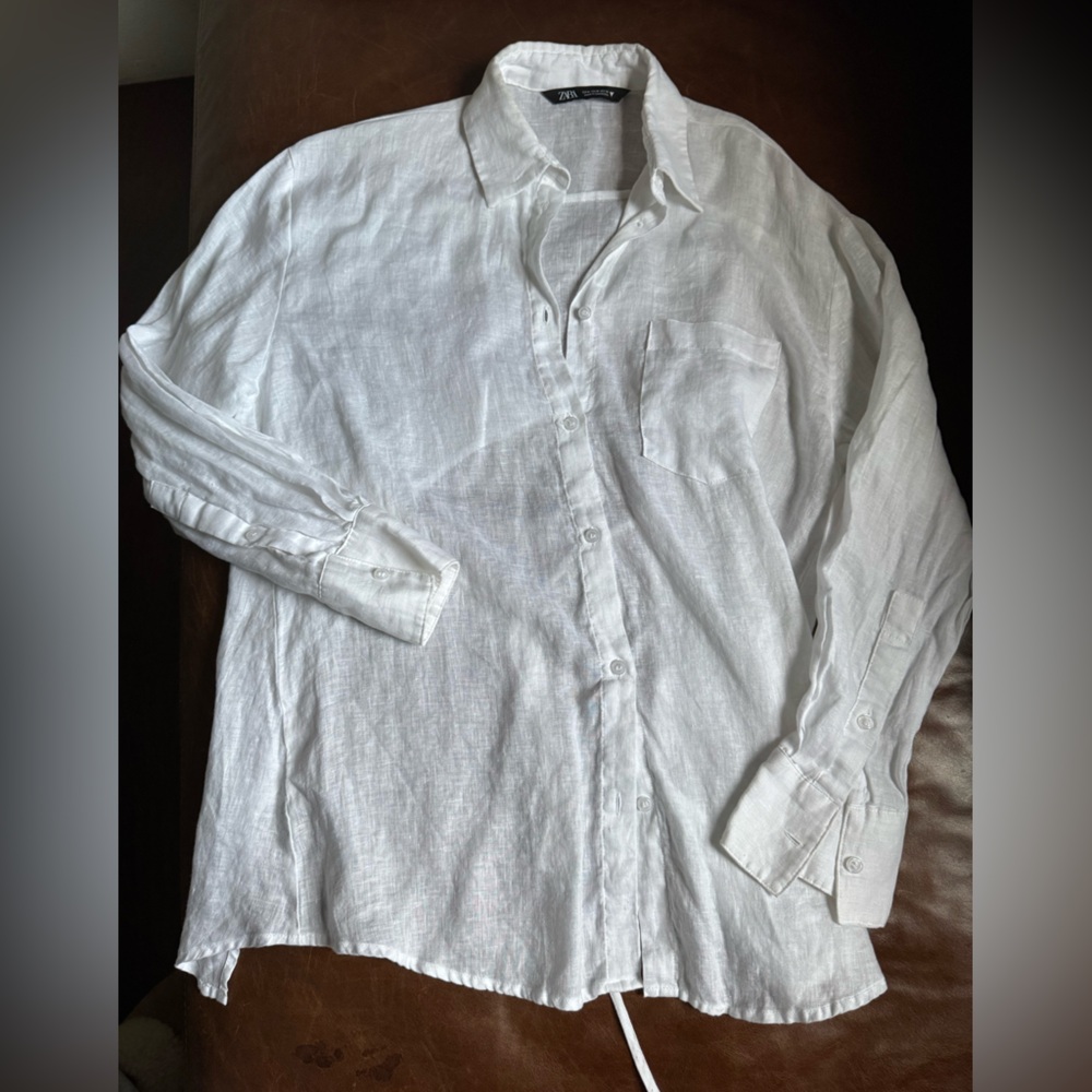 Zara Linen Casual Button Down Shirt with Open Back and Ties